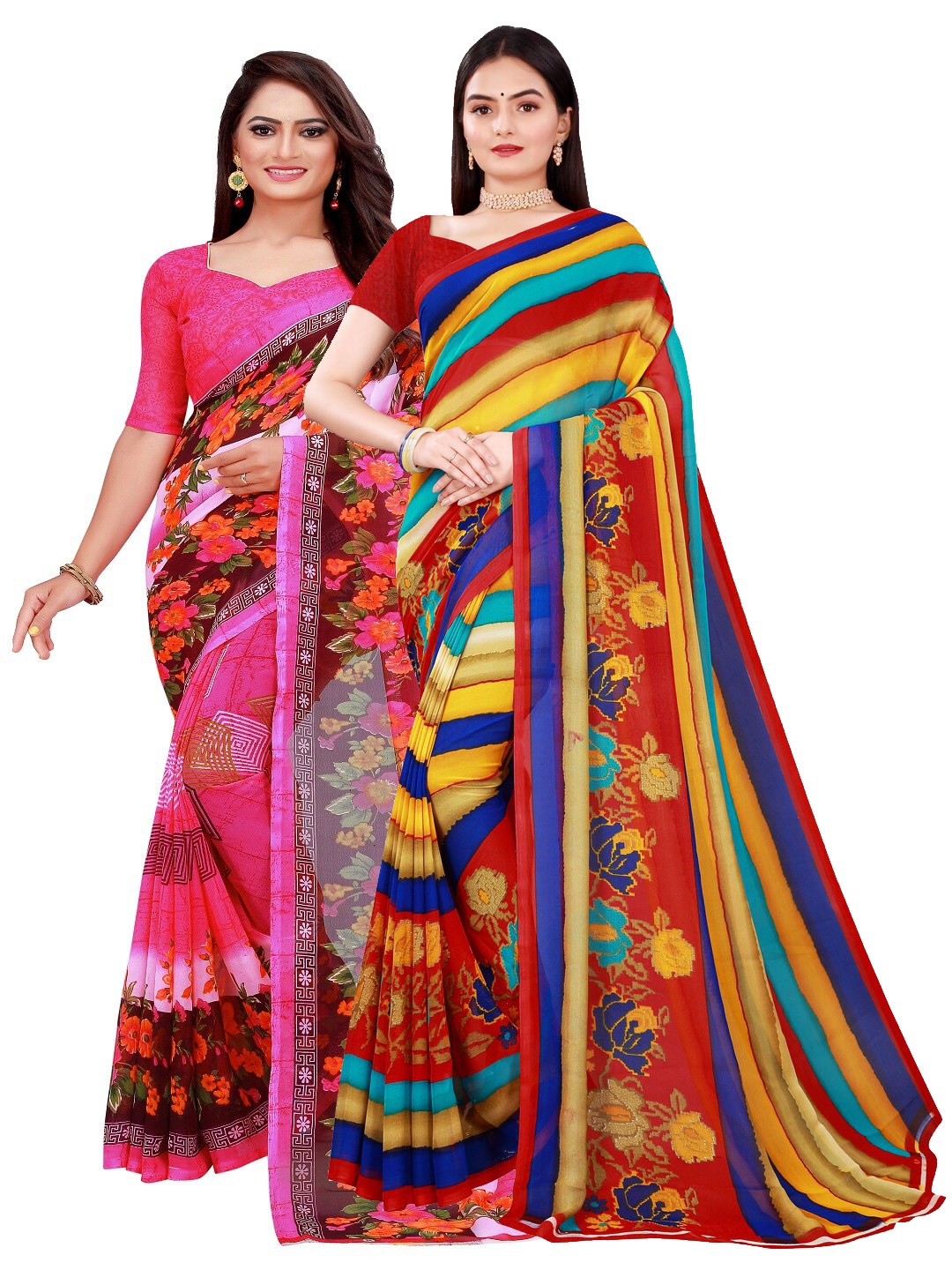 

Florence Pink & Yellow Set of 2 Floral Printed Georgette Saree
