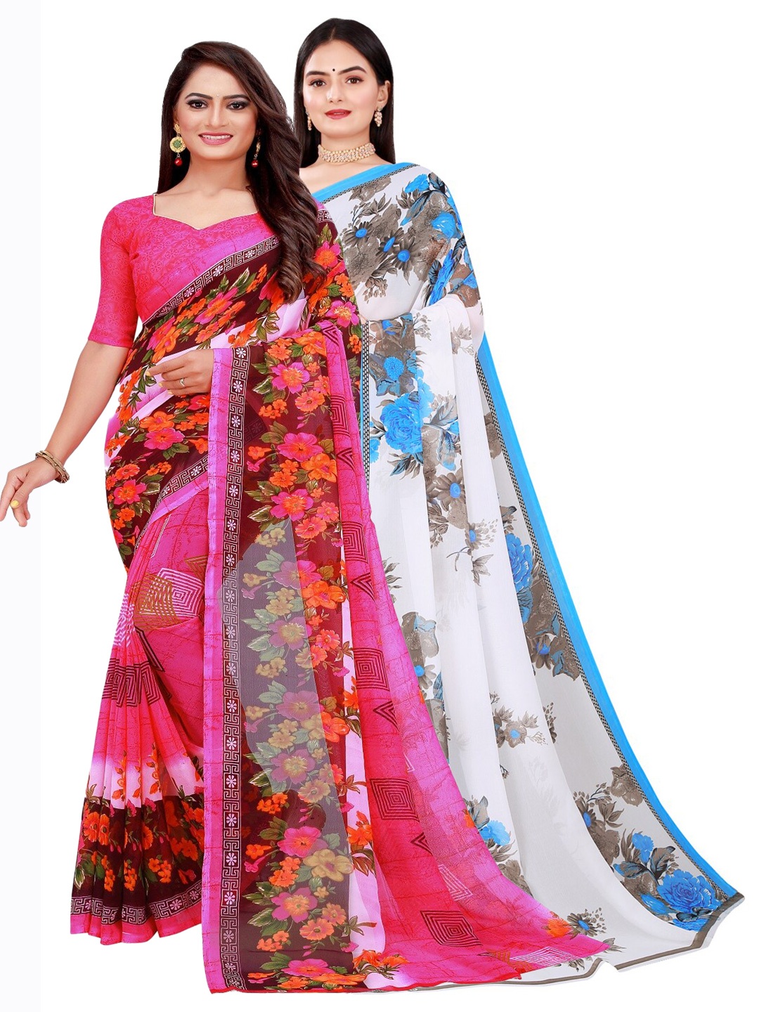 Florence Pink & White Printed Pure Georgette Saree