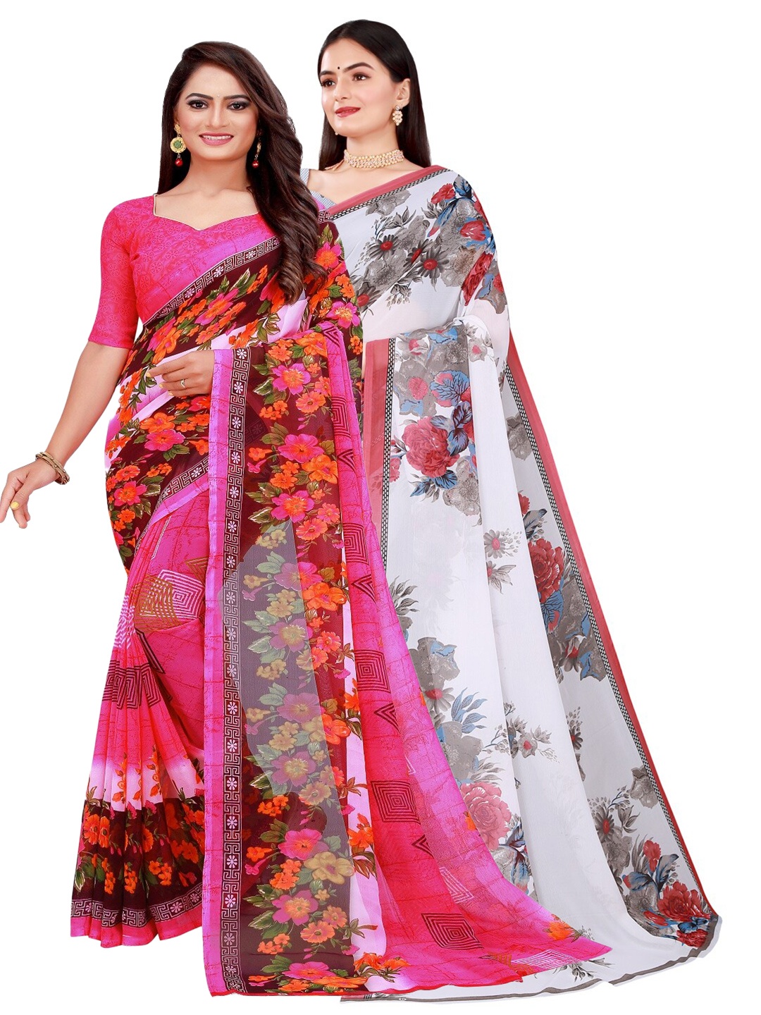 

Florence Pack Of 2 Pink & Red Pure Georgette Saree