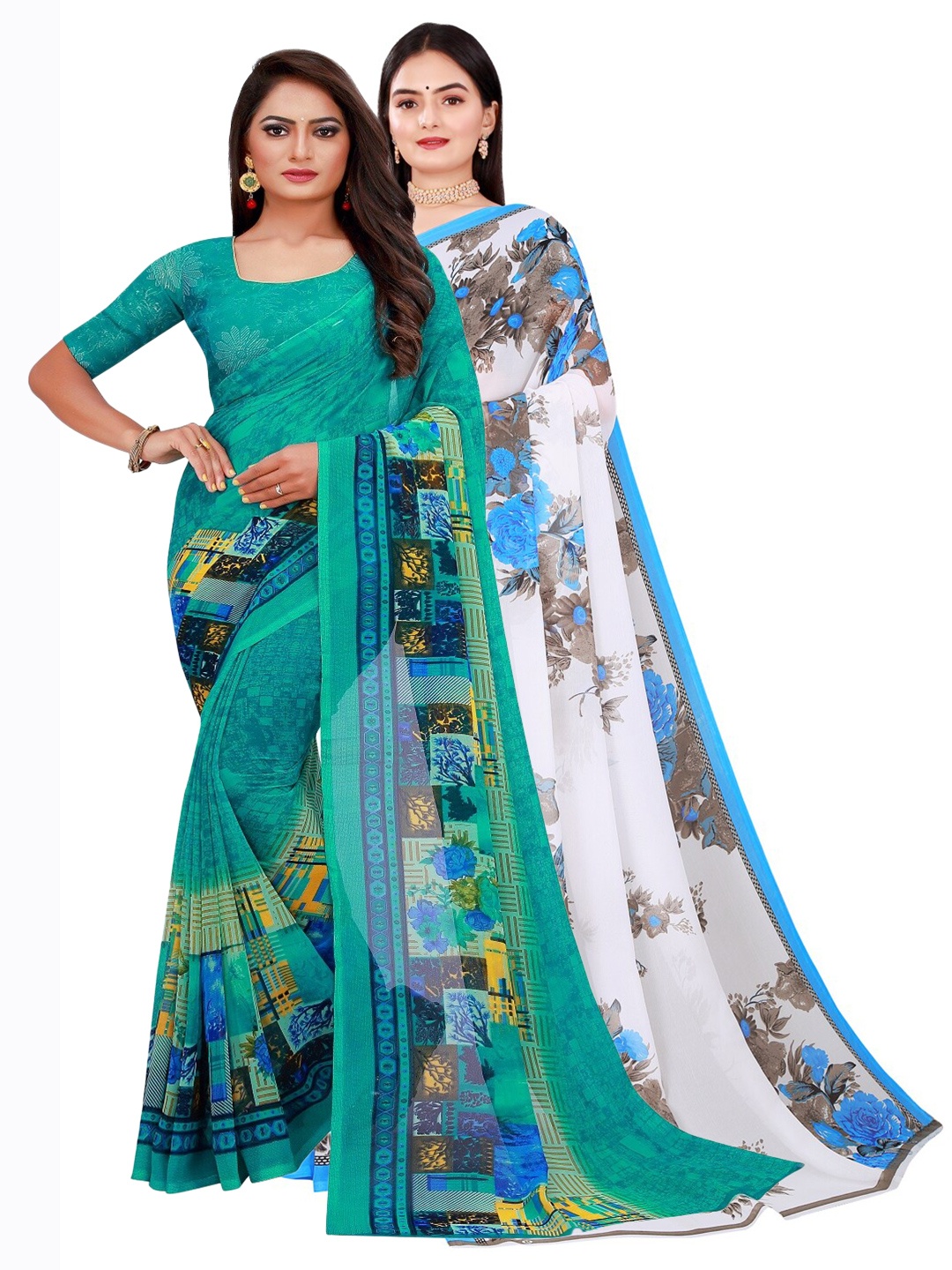 

Florence Pack Of 2 Green & White Floral Printed Pure Georgette Saree