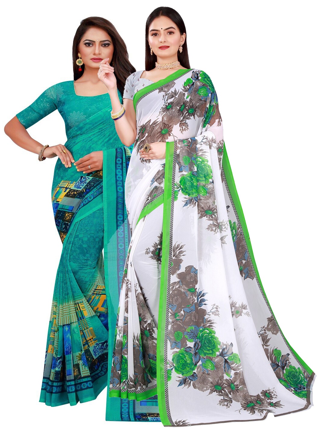 

Florence Pack Of 2 Green & White Pure Georgette Sarees