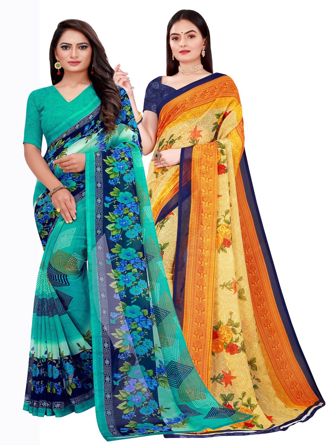 Florence Green & Blue Set Of 2 Floral Pure Georgette Saree