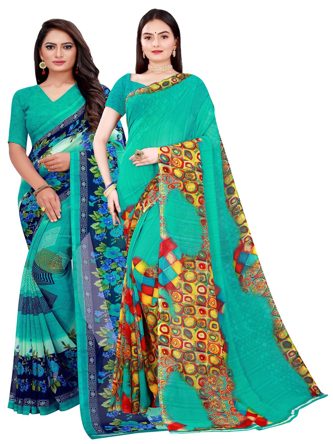 

Florence Green & Teal Set of 2 Floral Printed Georgette Saree