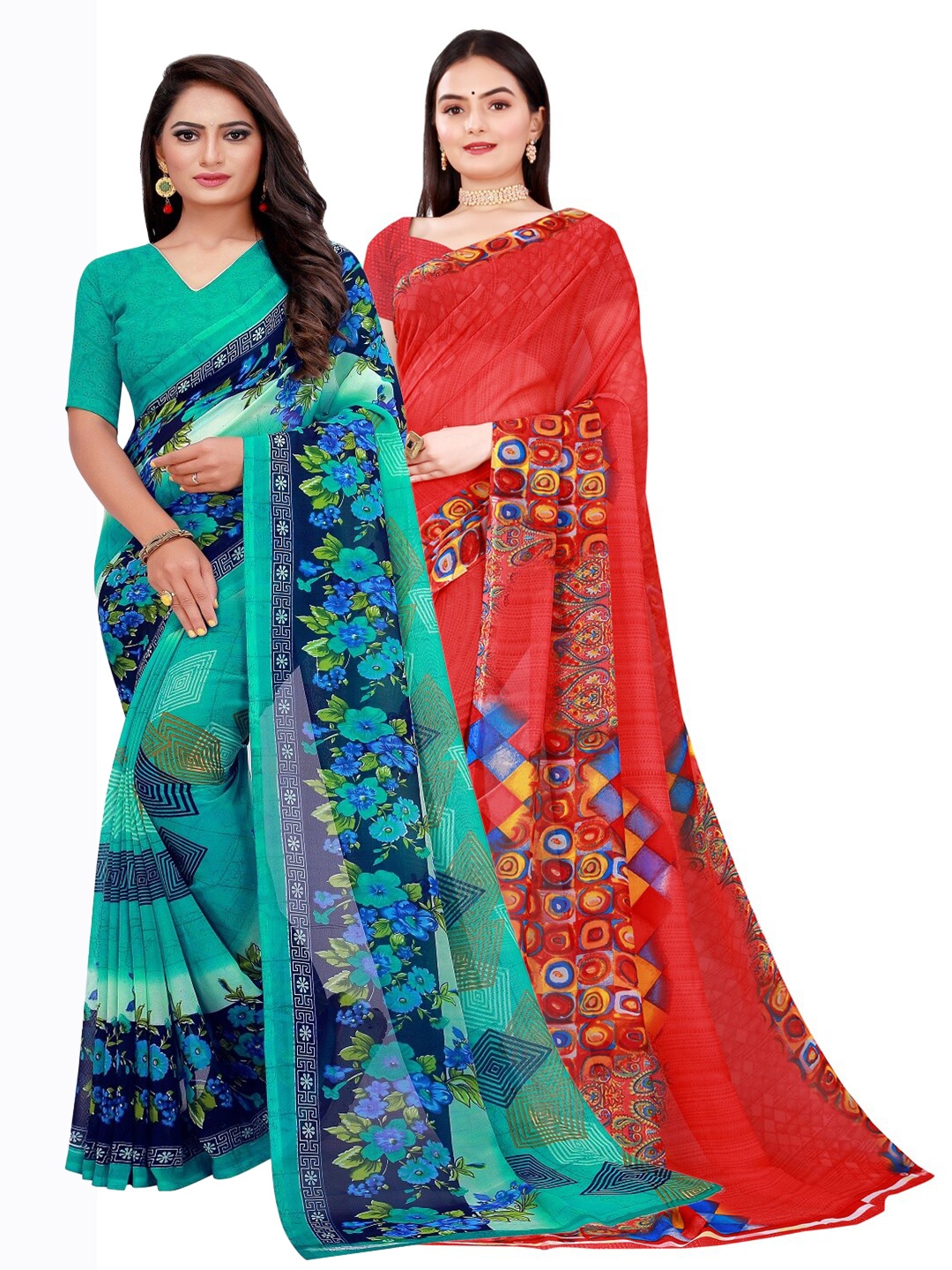 

Florence Sea Green & Red Printed Pure Georgette Saree Pack Of 2