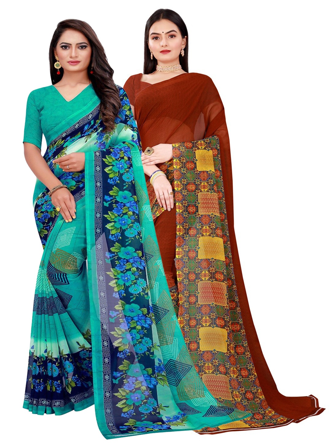 

Florence Pack Of 2 Green & Brown Floral Printed Pure Georgette Saree