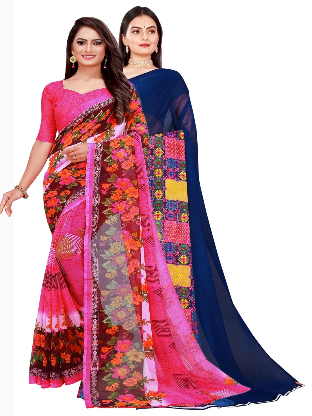 

Florence Pack Of 2 Pink & Violet Floral Pure Georgette Sarees