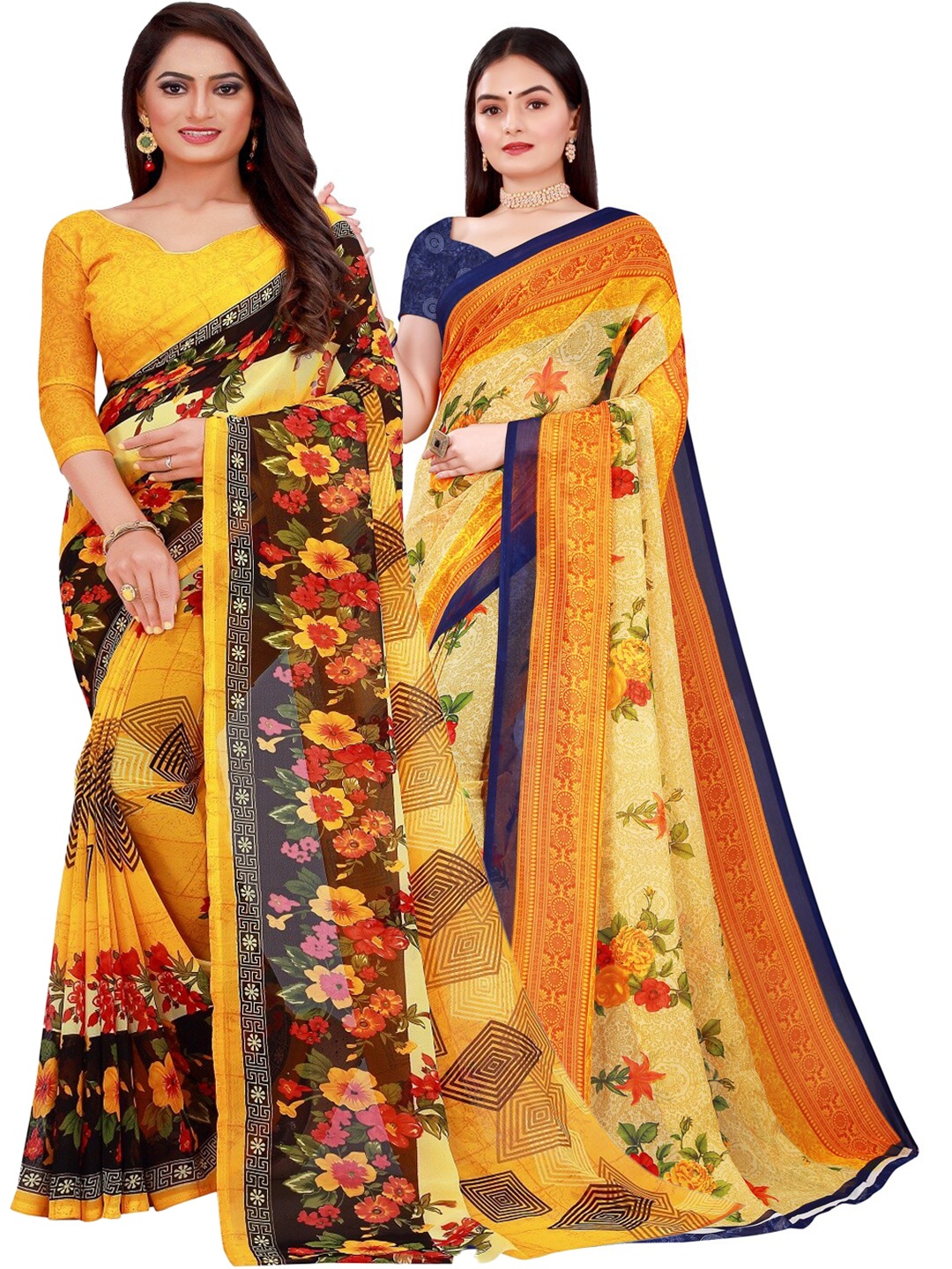 

Florence Pack Of 2 Yellow & Blue Floral Pure Georgette Saree