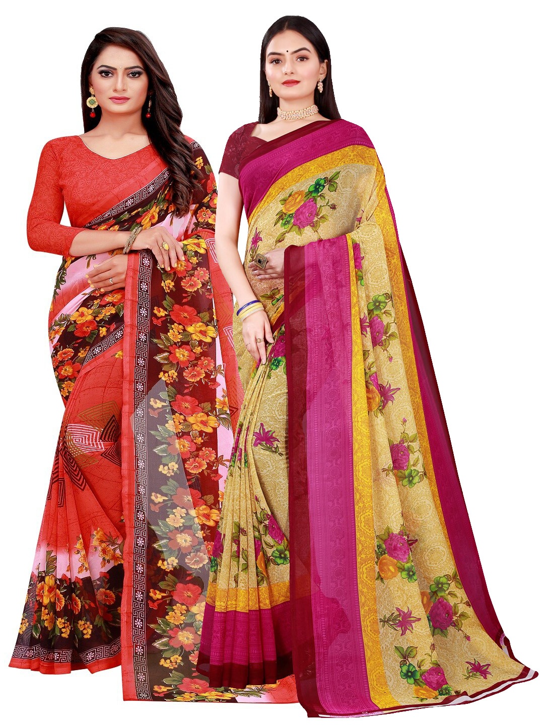 

Florence Set Of 2 Red & Pink Floral Pure Georgette Saree