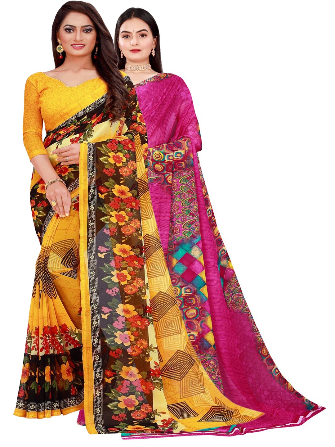 

Florence Yellow & Magenta Set Of 2 Floral Pure Georgette Saree