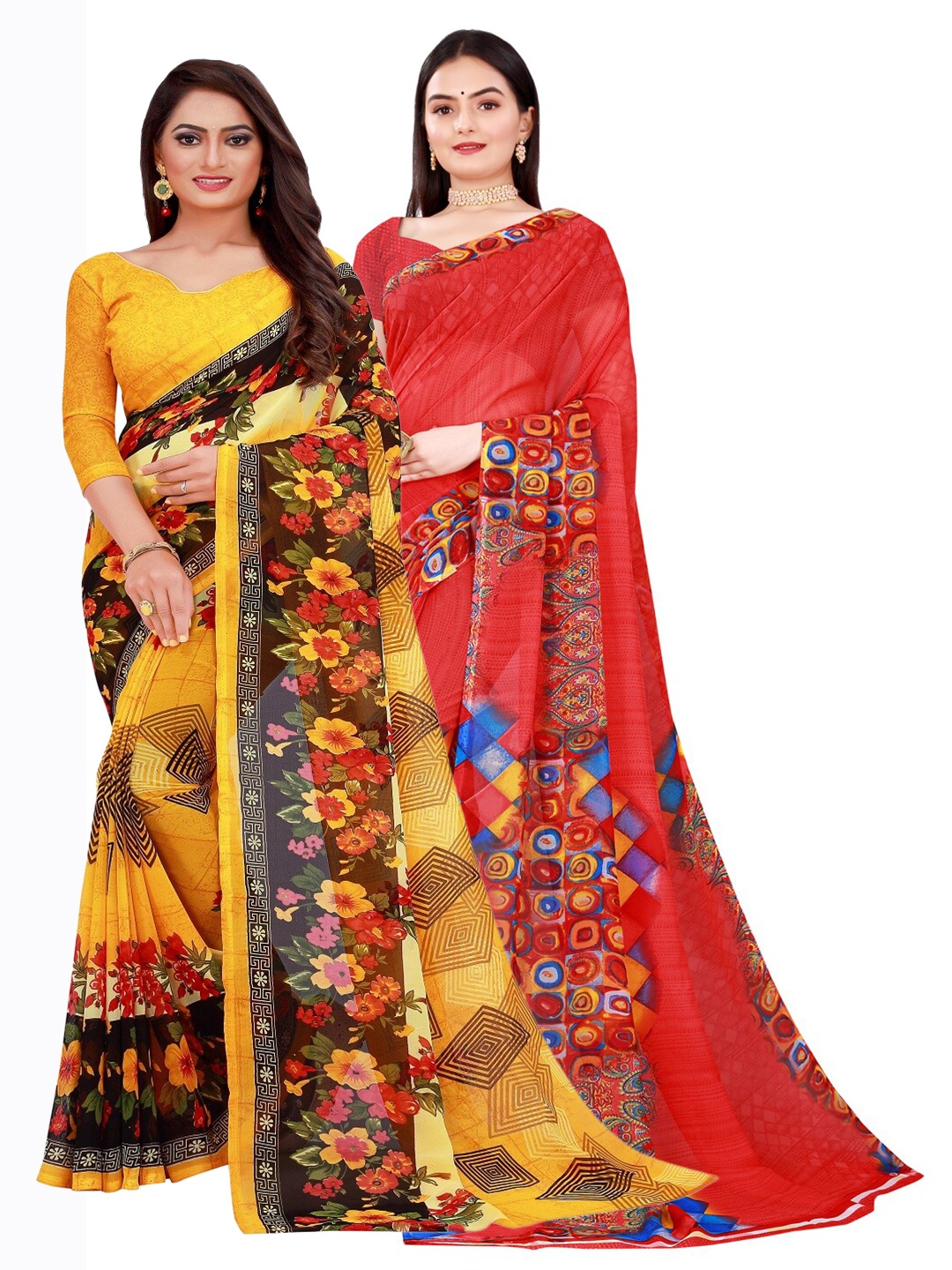 Florence Yellow & Red Set of 2 Floral Printed Georgette Saree