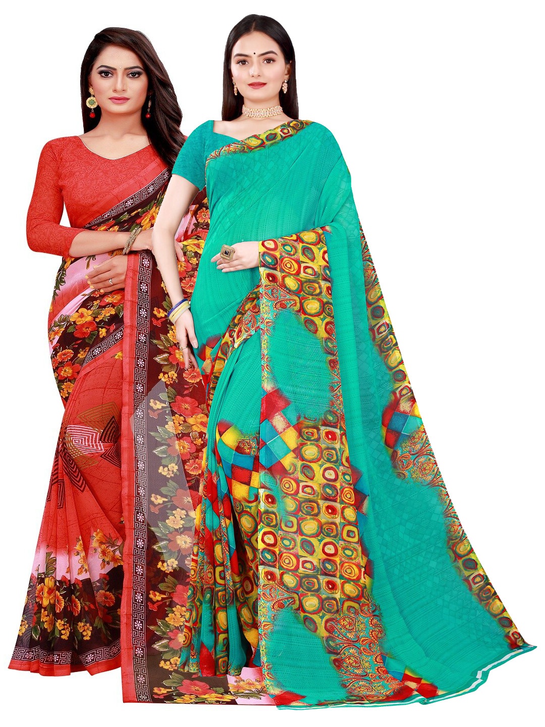 

Florence Red & Teal Printed Pure Georgette Saree