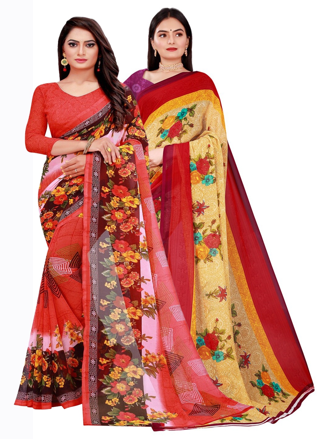 

Florence Pack Of 2 Peach-Coloured & Red Pure Georgette Sarees