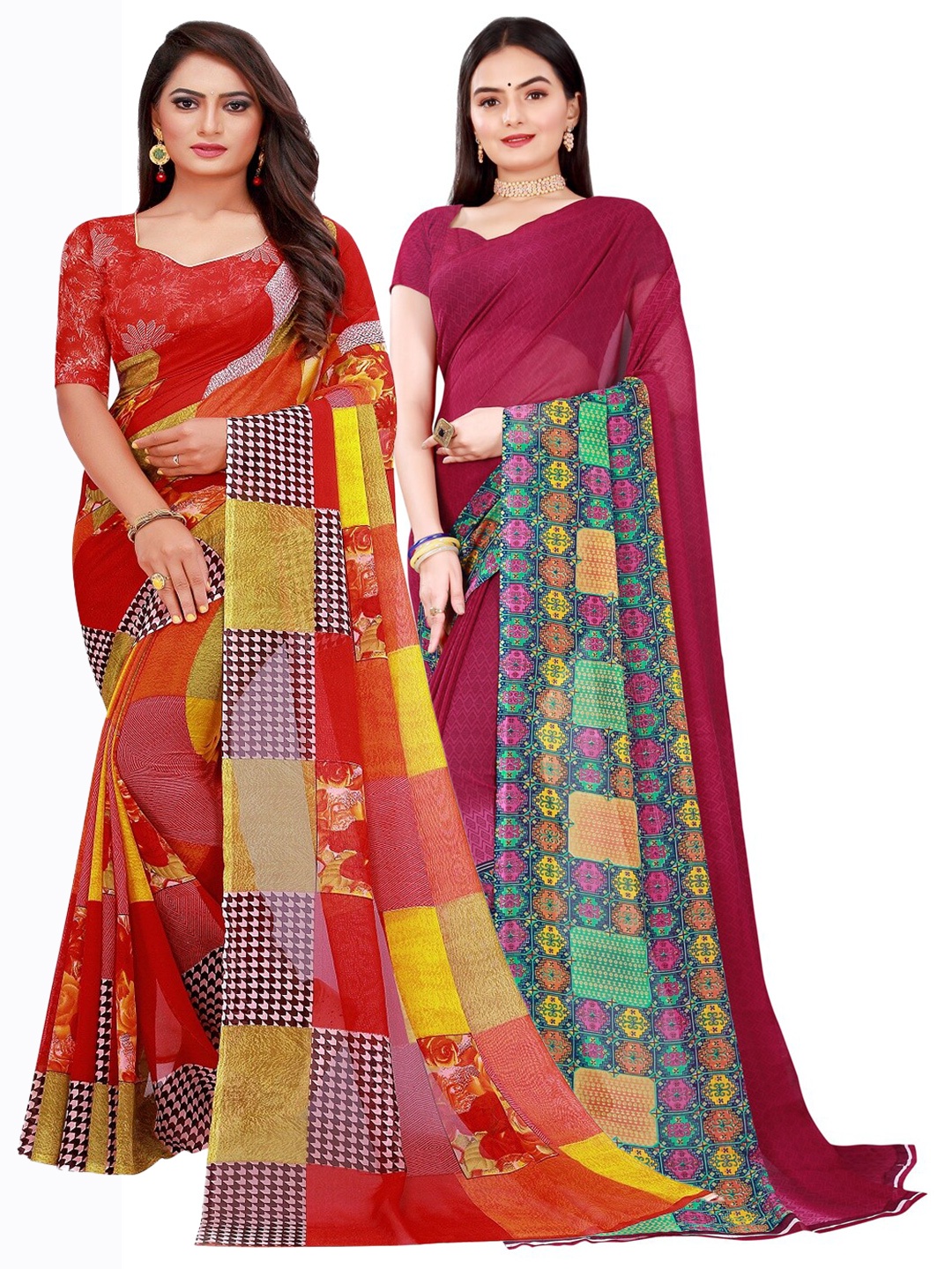 

Florence Pack Of 2 Pink & Red Floral Printed Pure Georgette Saree