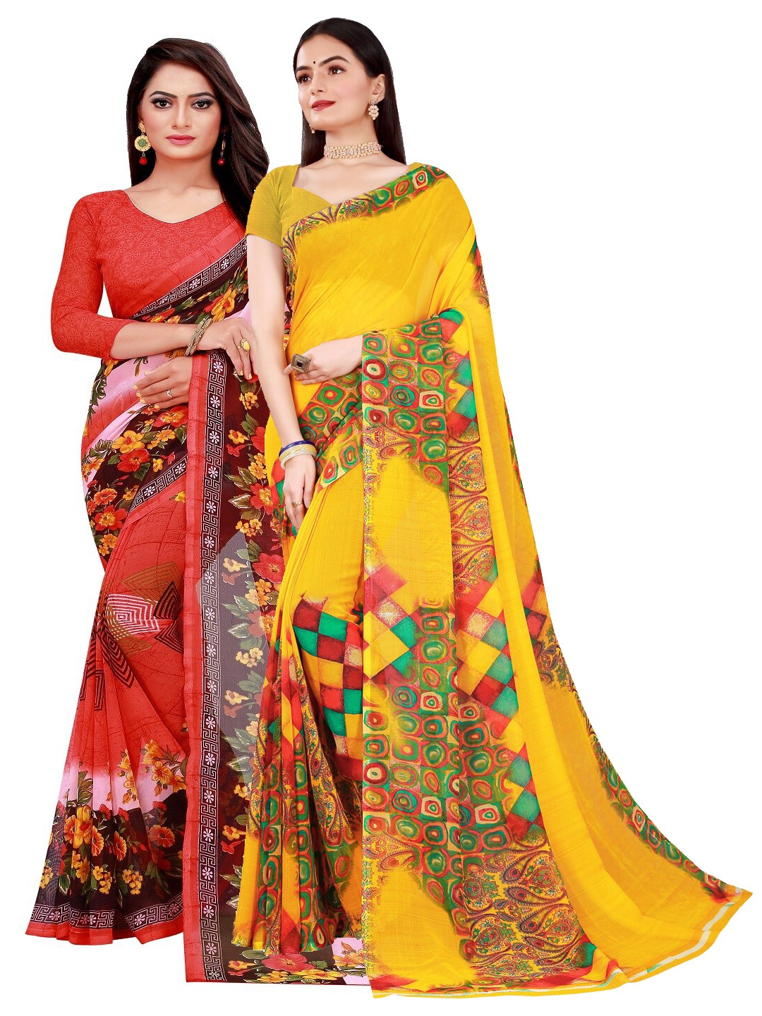 

Florence Pack Of 2 each-Coloured & Yellow Pure Georgette Saree, Peach