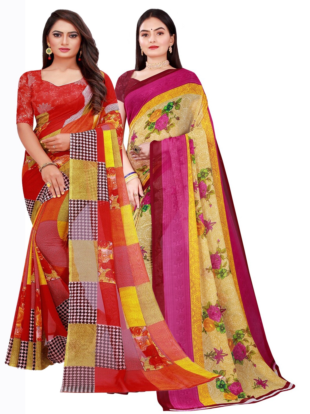 

Florence Pack of 2 Red & Pink Floral Pure Georgette Sarees