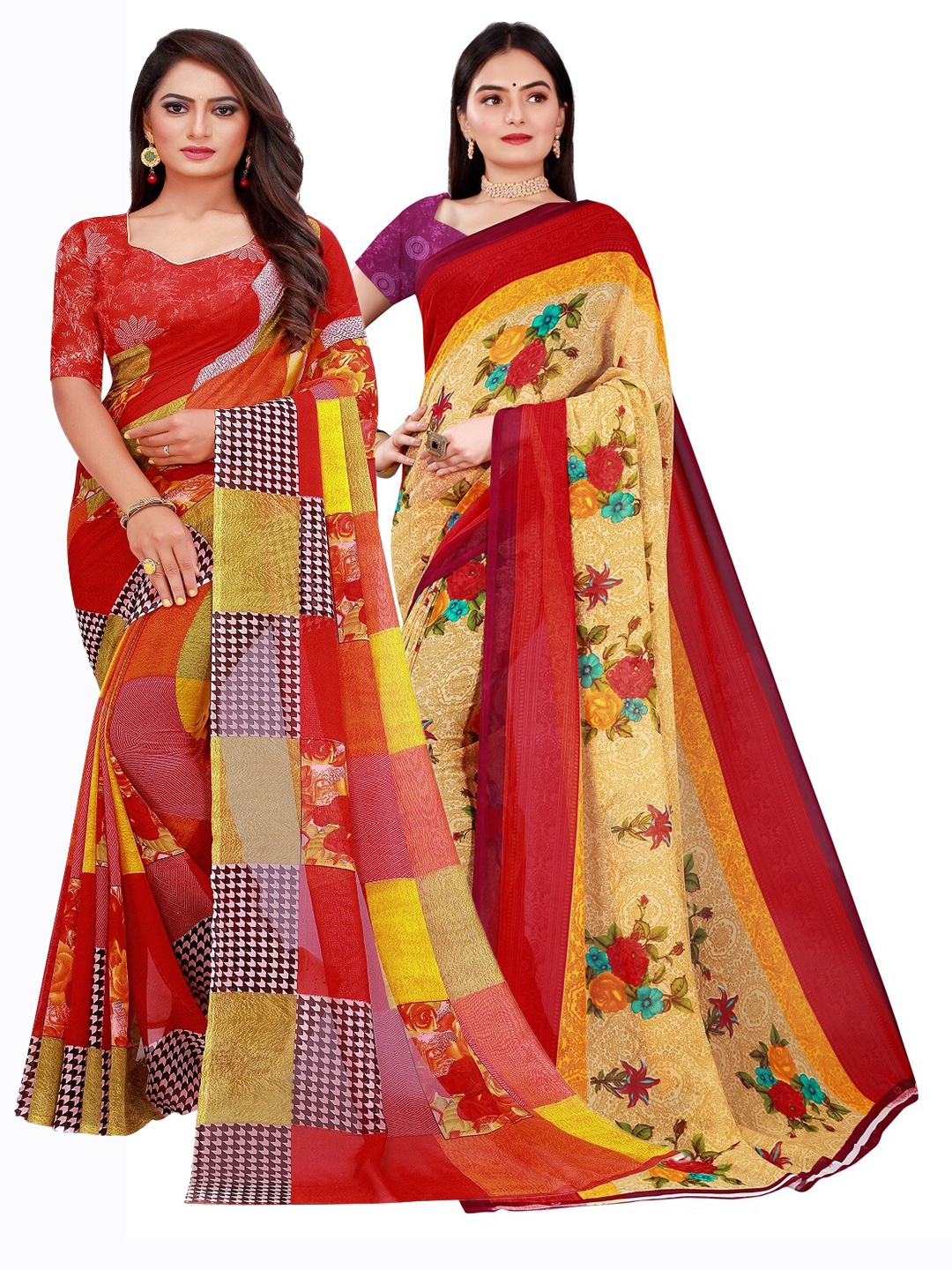 

Florence Set Of 2 Red & Yellow Floral Pure Georgette Saree