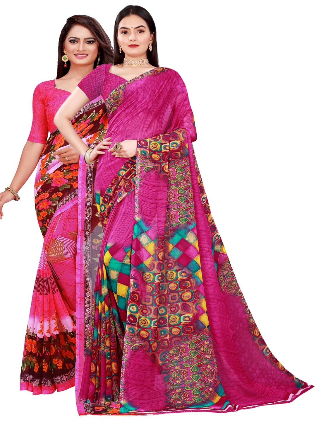 

Florence Pink & Blue Set of 2 Floral Printed Georgette Saree