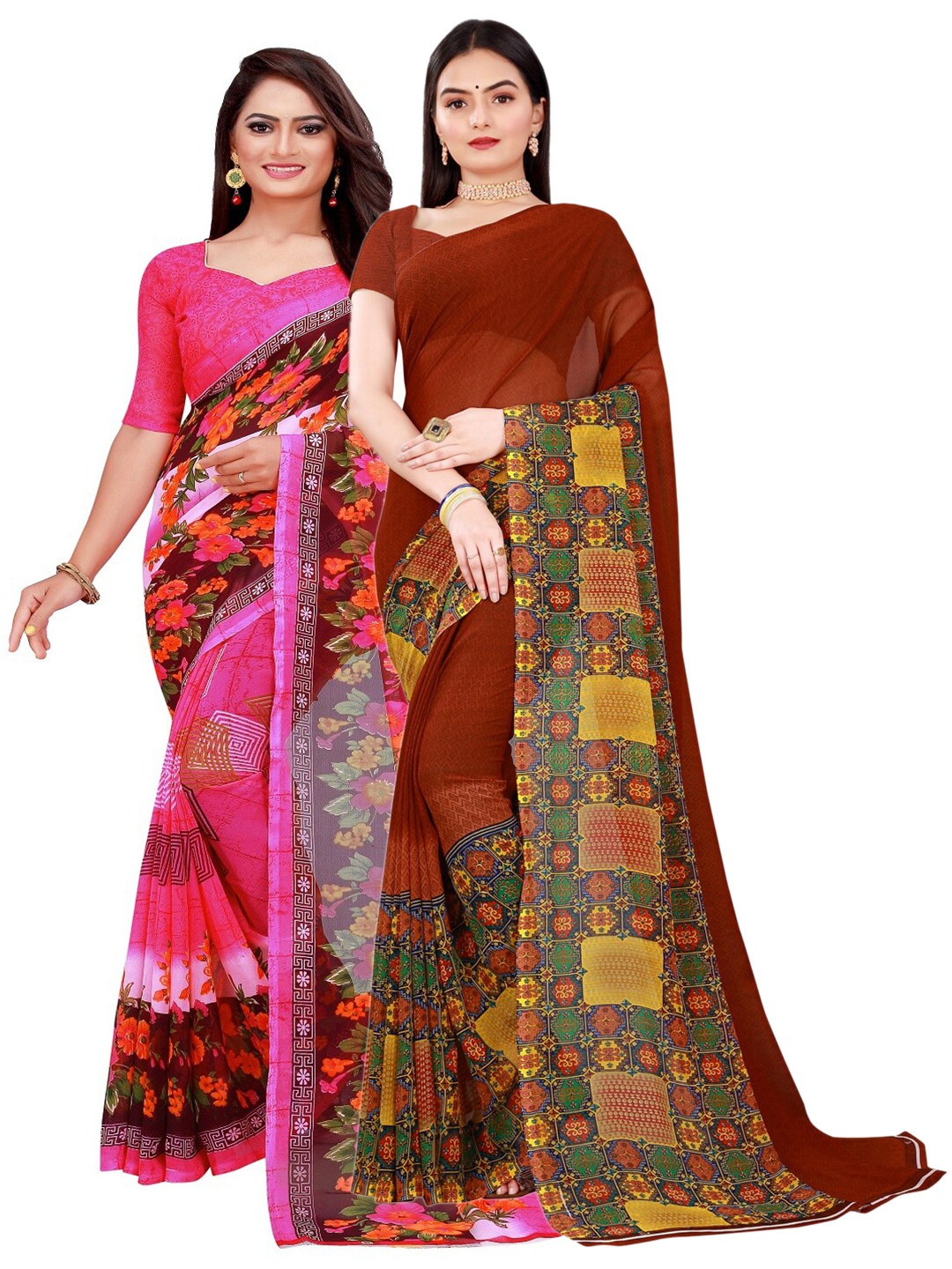 

Florence Pink & Brown Set Of 2 Floral Pure Georgette Saree