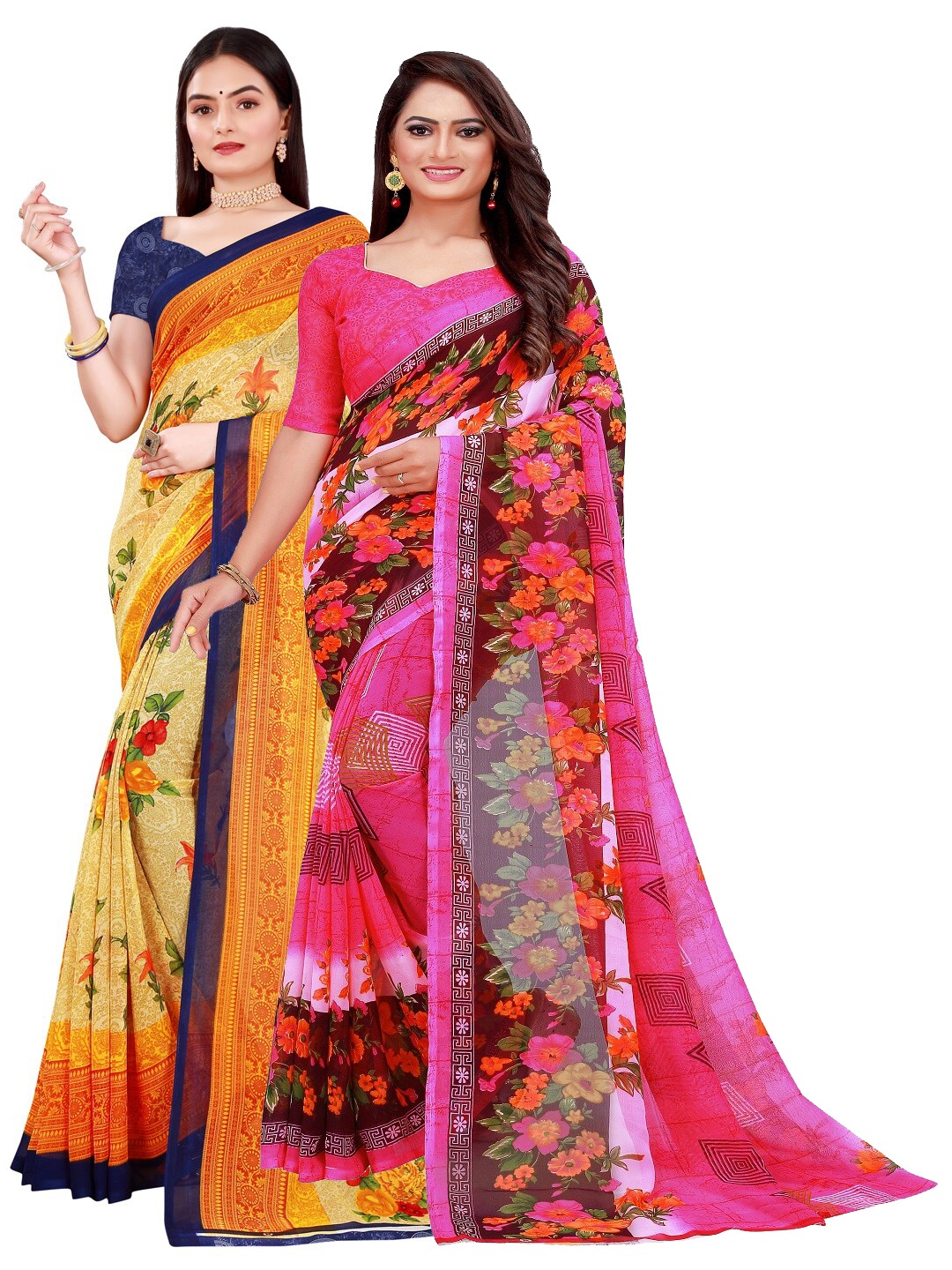 

Florence Pack Of 2 Pink & Orange Floral Pure Georgette Sarees