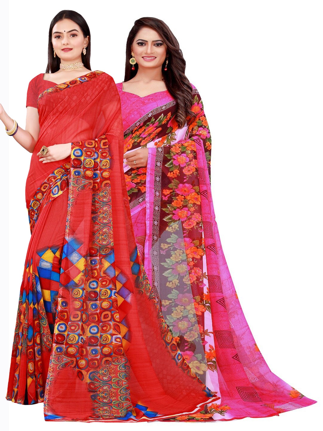 

Florence Pink & Red Printed Pure Georgette Saree