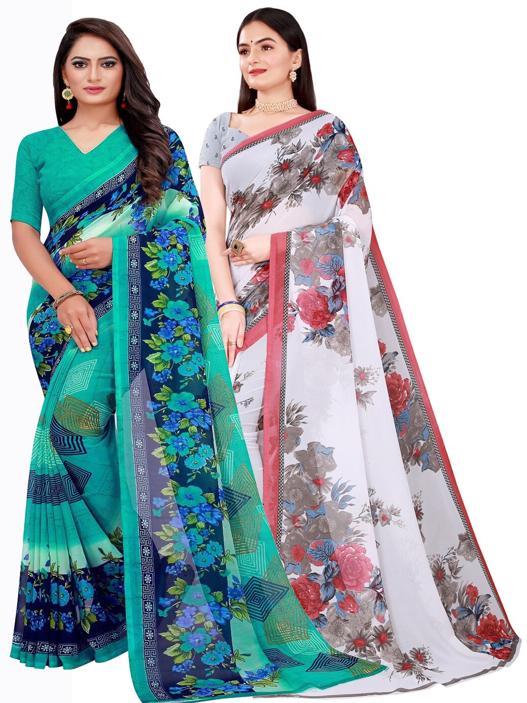 

Florence Sea Green & White Floral Printed Pure Georgette Saree Pack Of 2