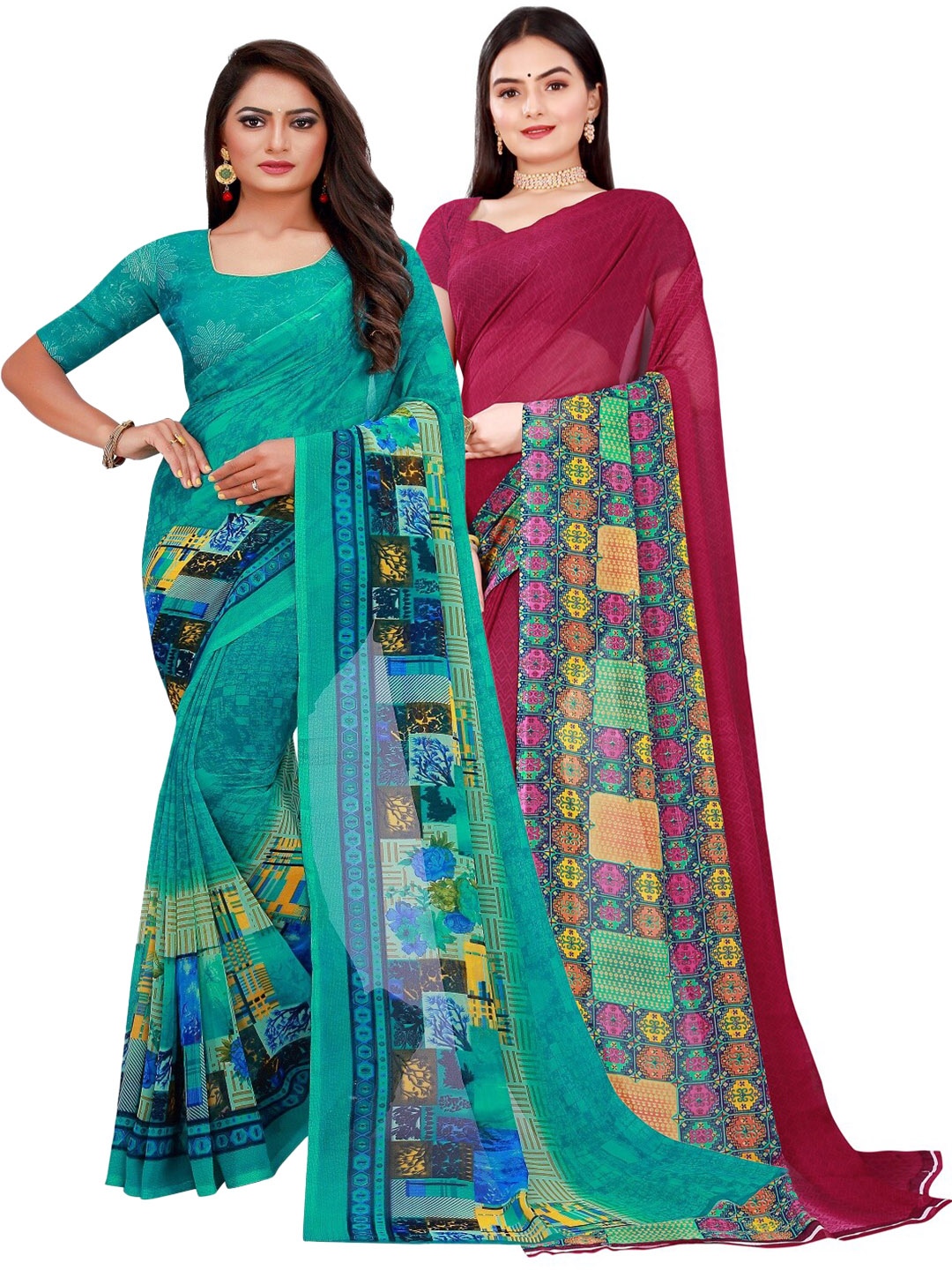 

Florence Pack Of 2 Green & Magenta Floral Printed Pure Georgette Saree