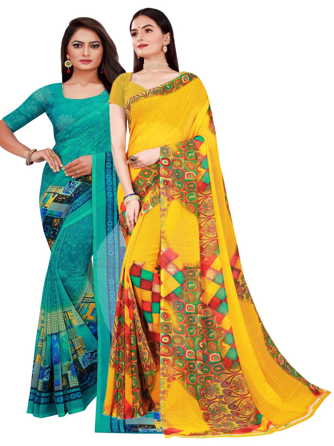 Florence Set Of 2 Green & Yellow Floral Pure Georgette Saree