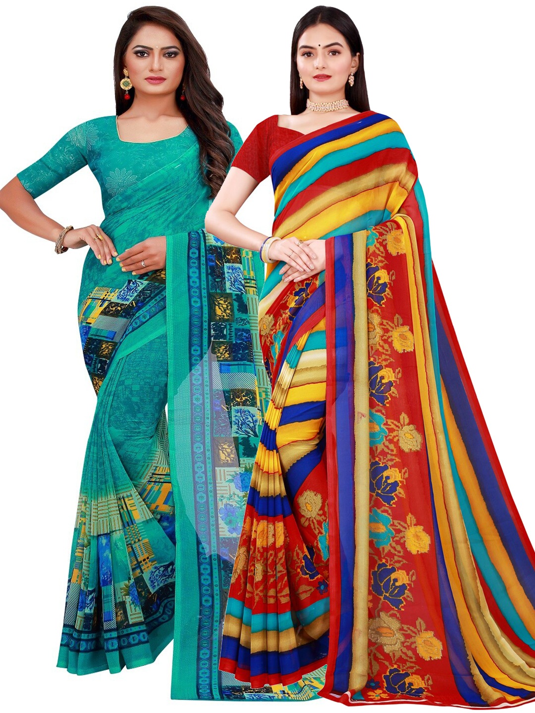 Florence Pack Of 2 Green & Red Pure Georgette Saree