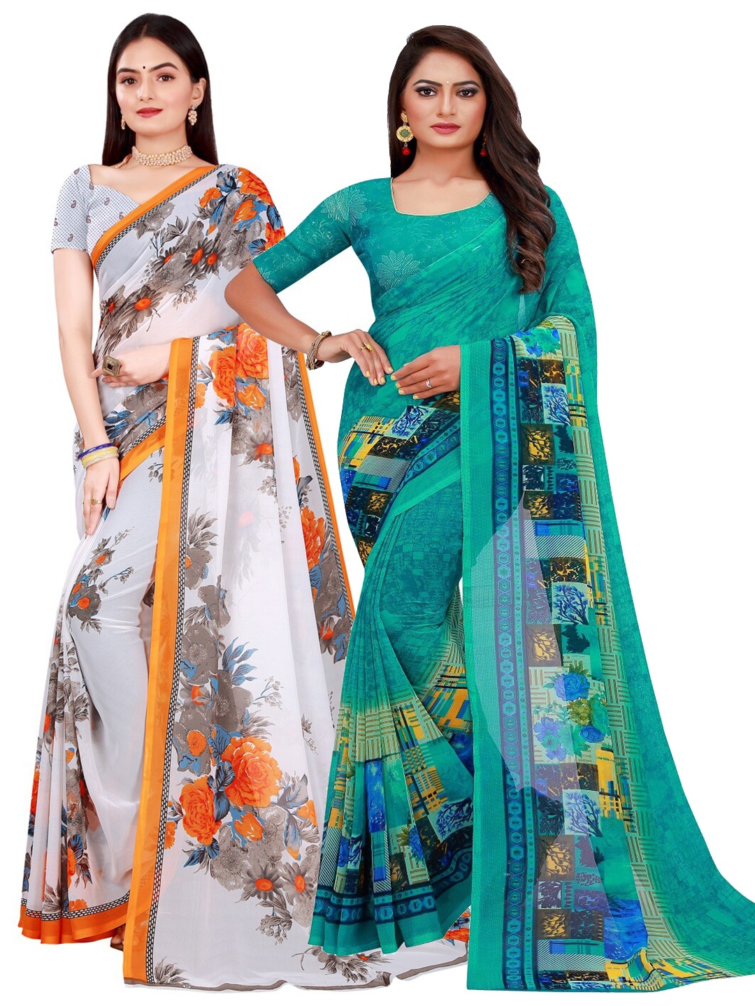 

Florence Pack of 2 Green & Orange Pure Georgette Sarees