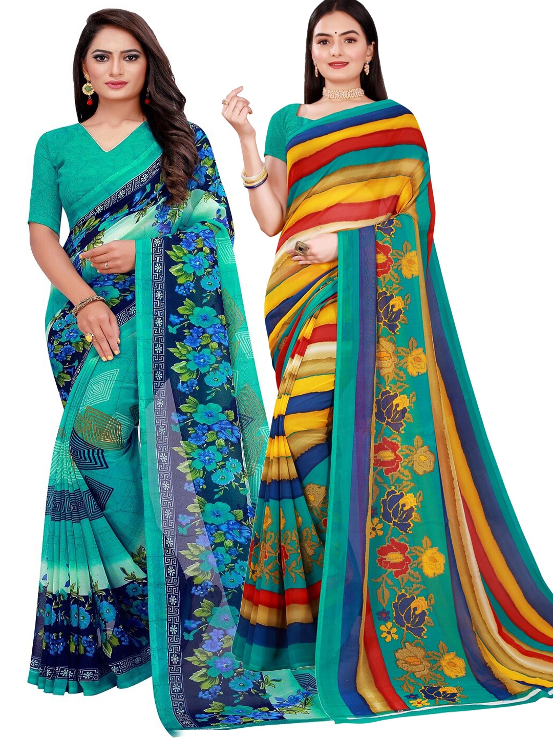 

Florence Green & Yellow Set Of 2 Floral Pure Georgette Saree