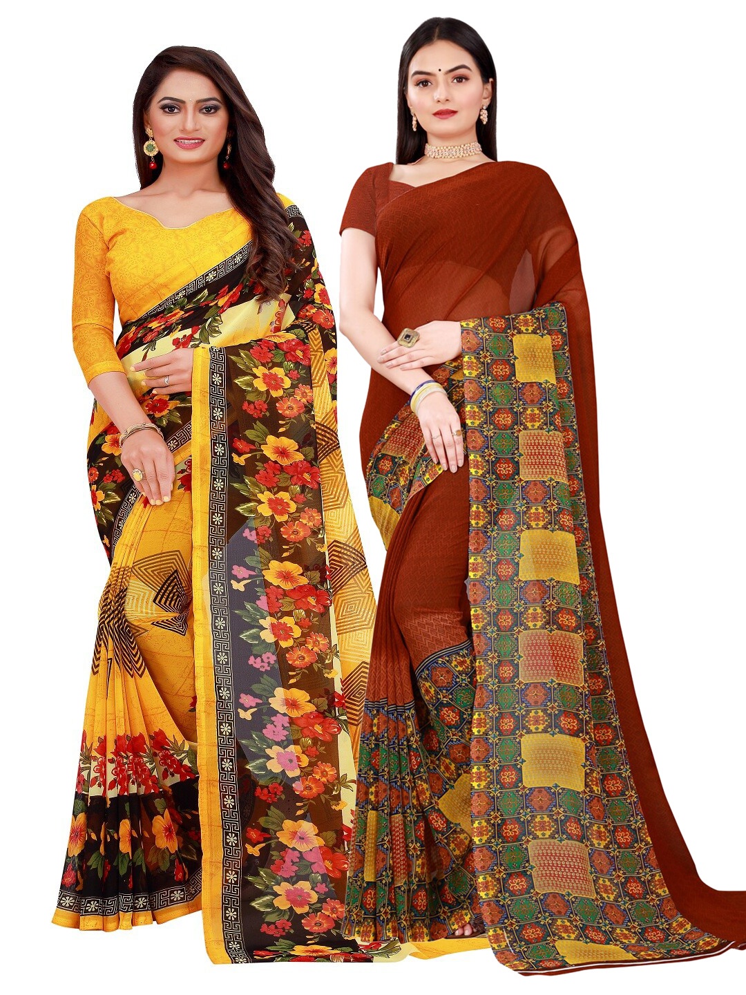 

Florence Pack Of 2 Yellow & Brown Floral Pure Georgette Sarees