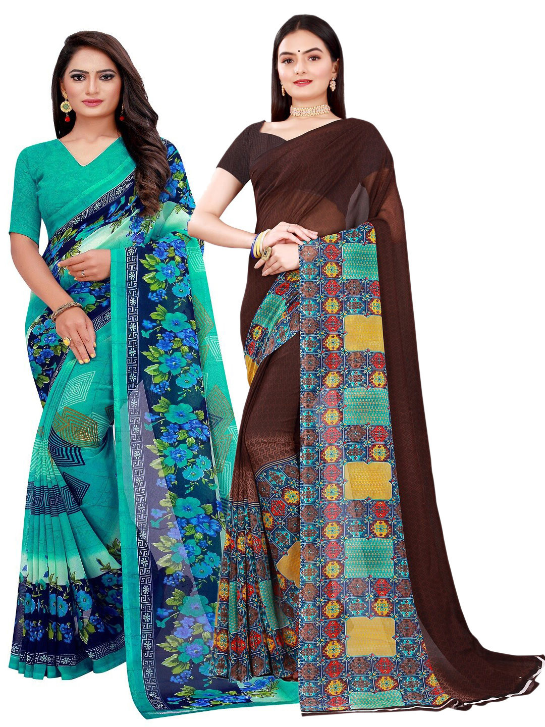 

Florence Sea Green & Brown Printed Pure Georgette Saree Pack Of 2
