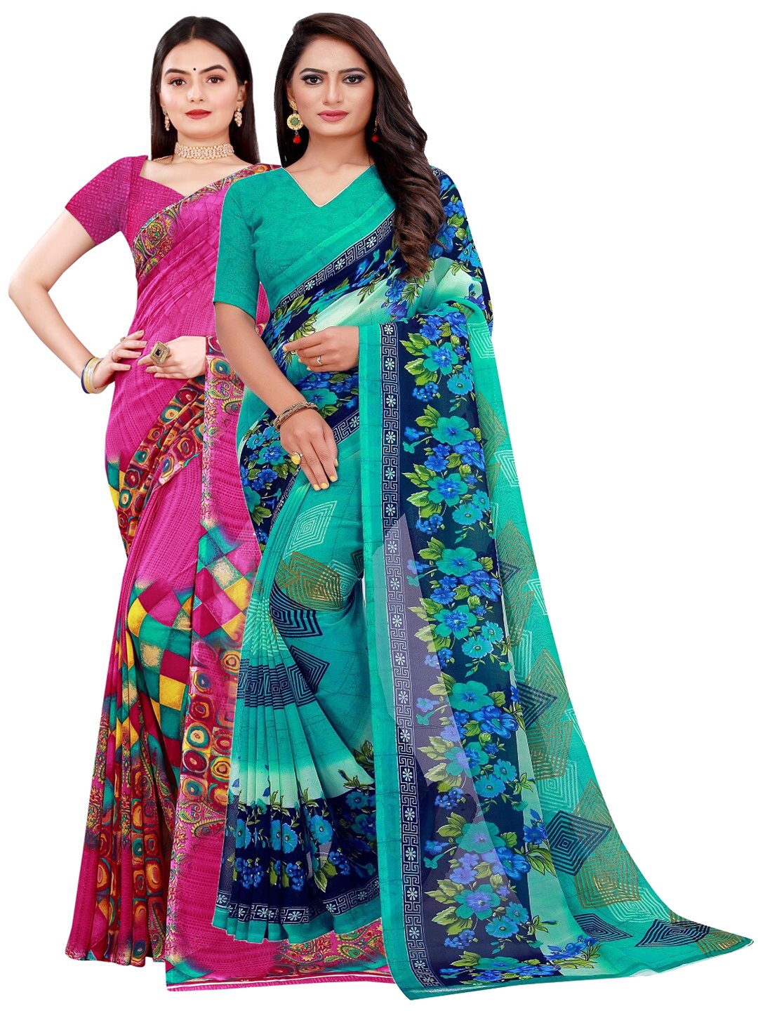 

Florence Green & Pink Printed Pure Georgette Saree