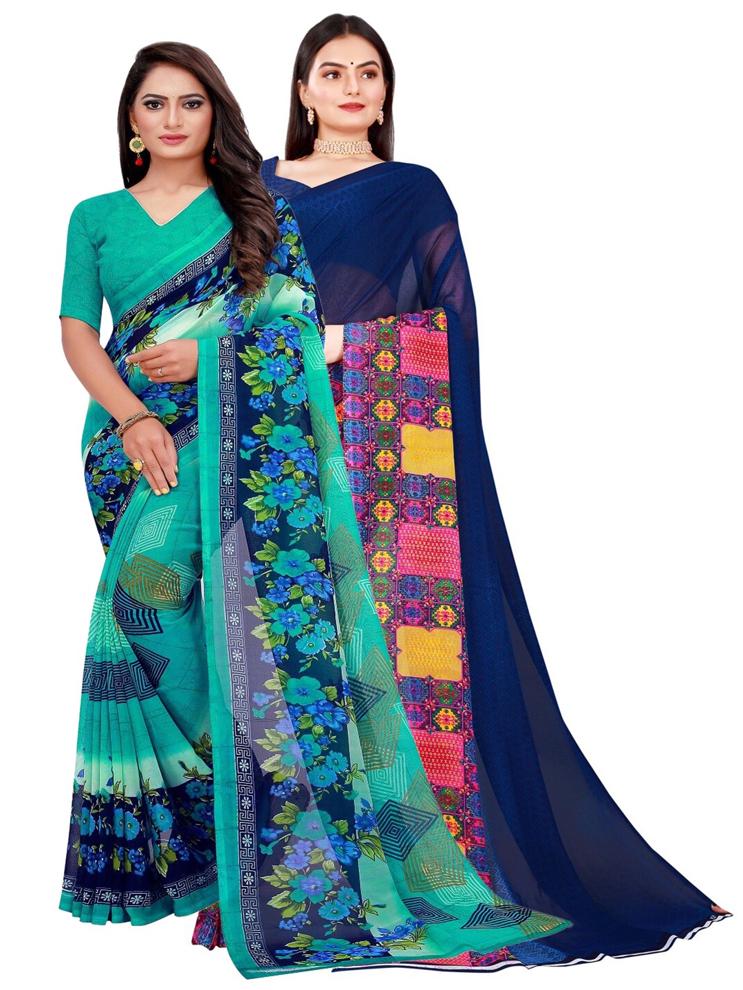 

Florence Pack Of 2 Green & Navy Blue Floral Pure Georgette Saree