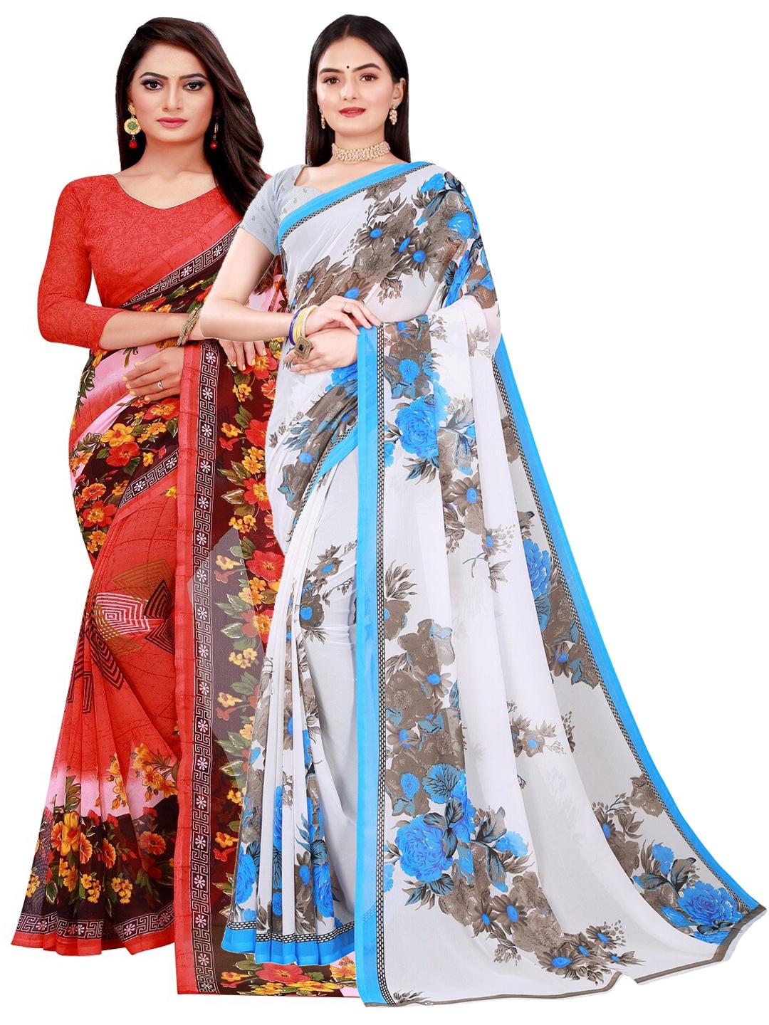 Florence Set Of 2 Red & White Floral Pure Georgette Saree
