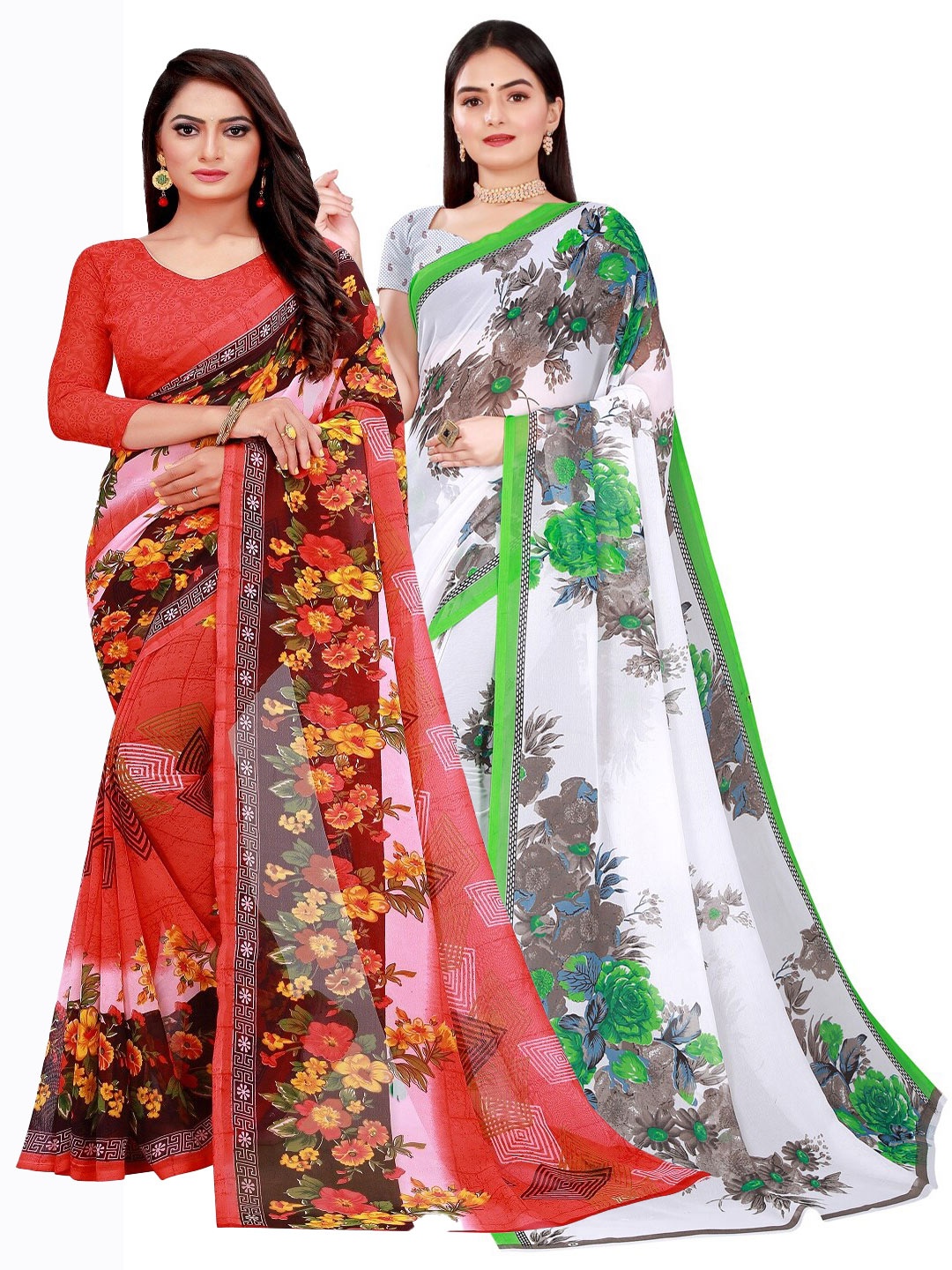 Florence Pack of 2 Peach-Coloured & Green Floral Pure Georgette Sarees