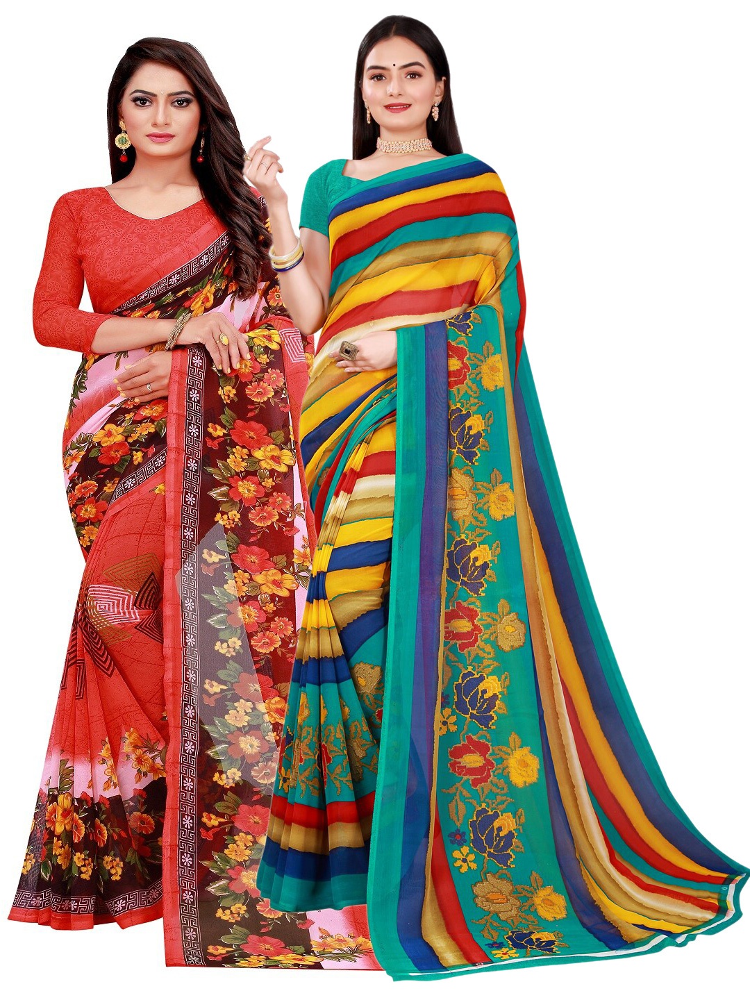

Florence Red & Teal Set Of 2 Floral Pure Georgette Saree