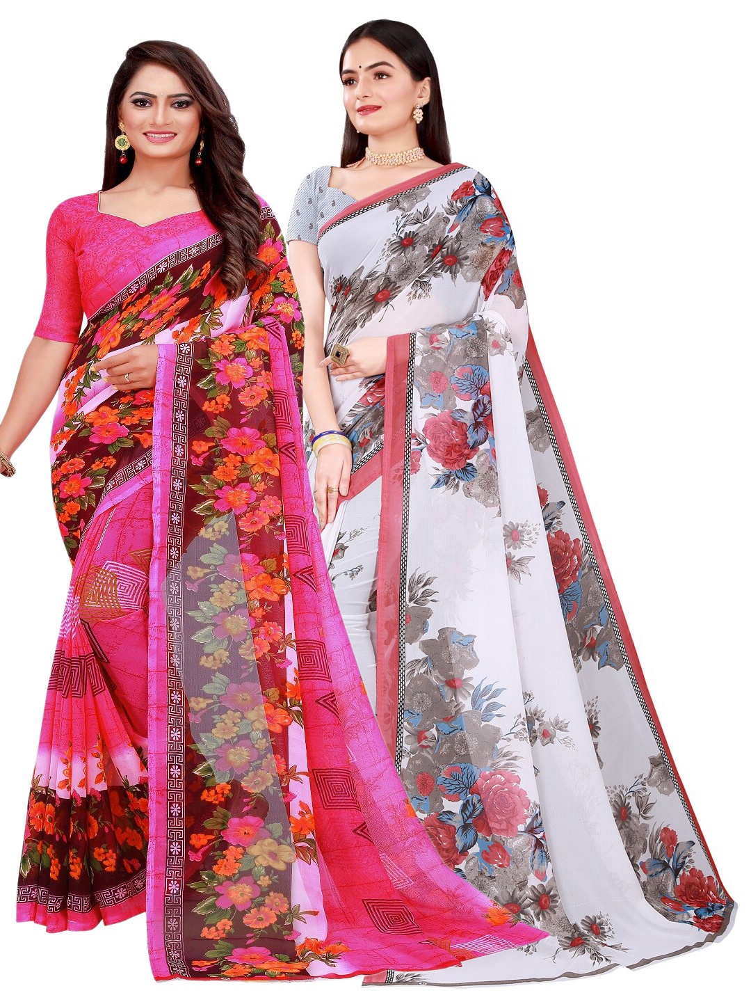 

Florence White & Pink Set of 2 Floral Printed Georgette Saree