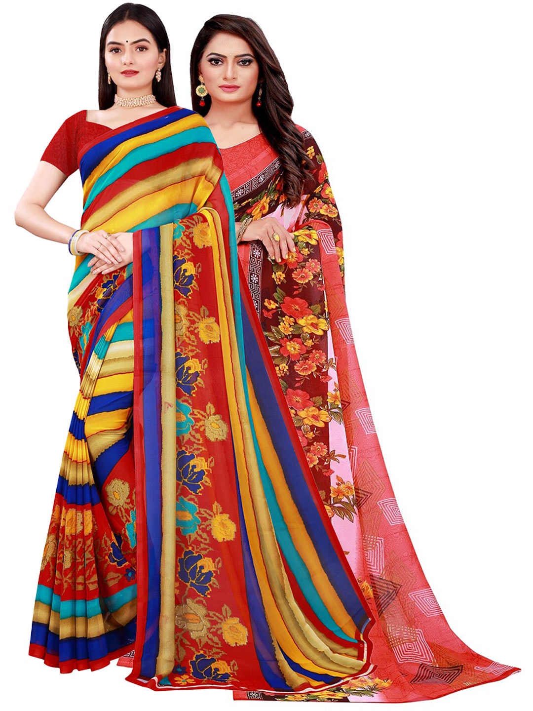 

Florence Peach-Coloured & Red Striped Printed Pure Georgette Saree Pack Of 2