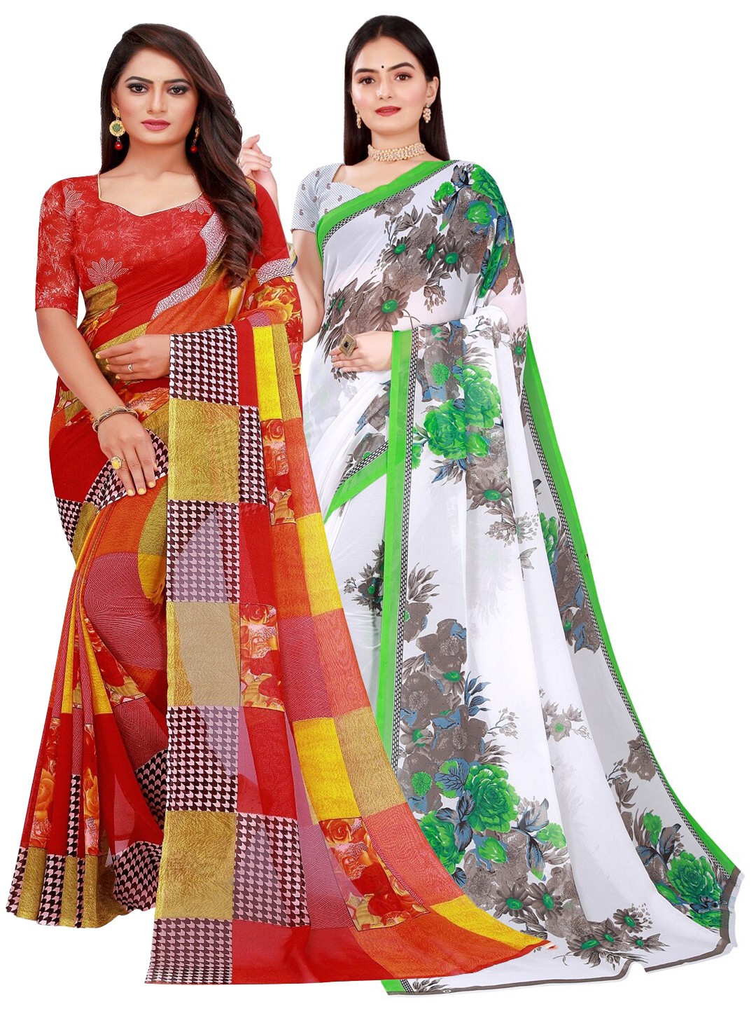 

Florence Pack Of 2 Red & Green Floral Pure Georgette Sarees