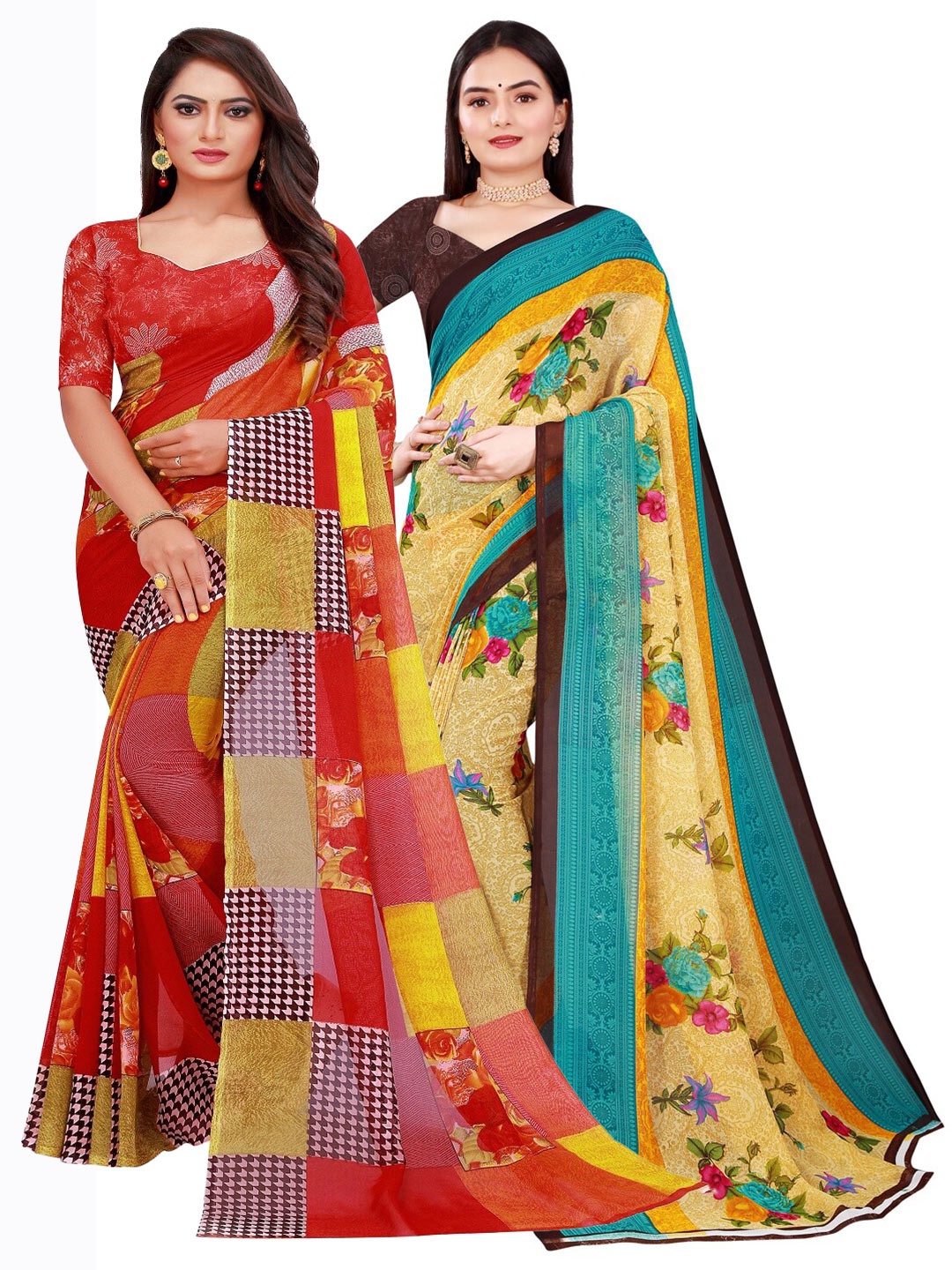 

Florence Set Of 2 Red & Teal Blue Floral Pure Georgette Saree
