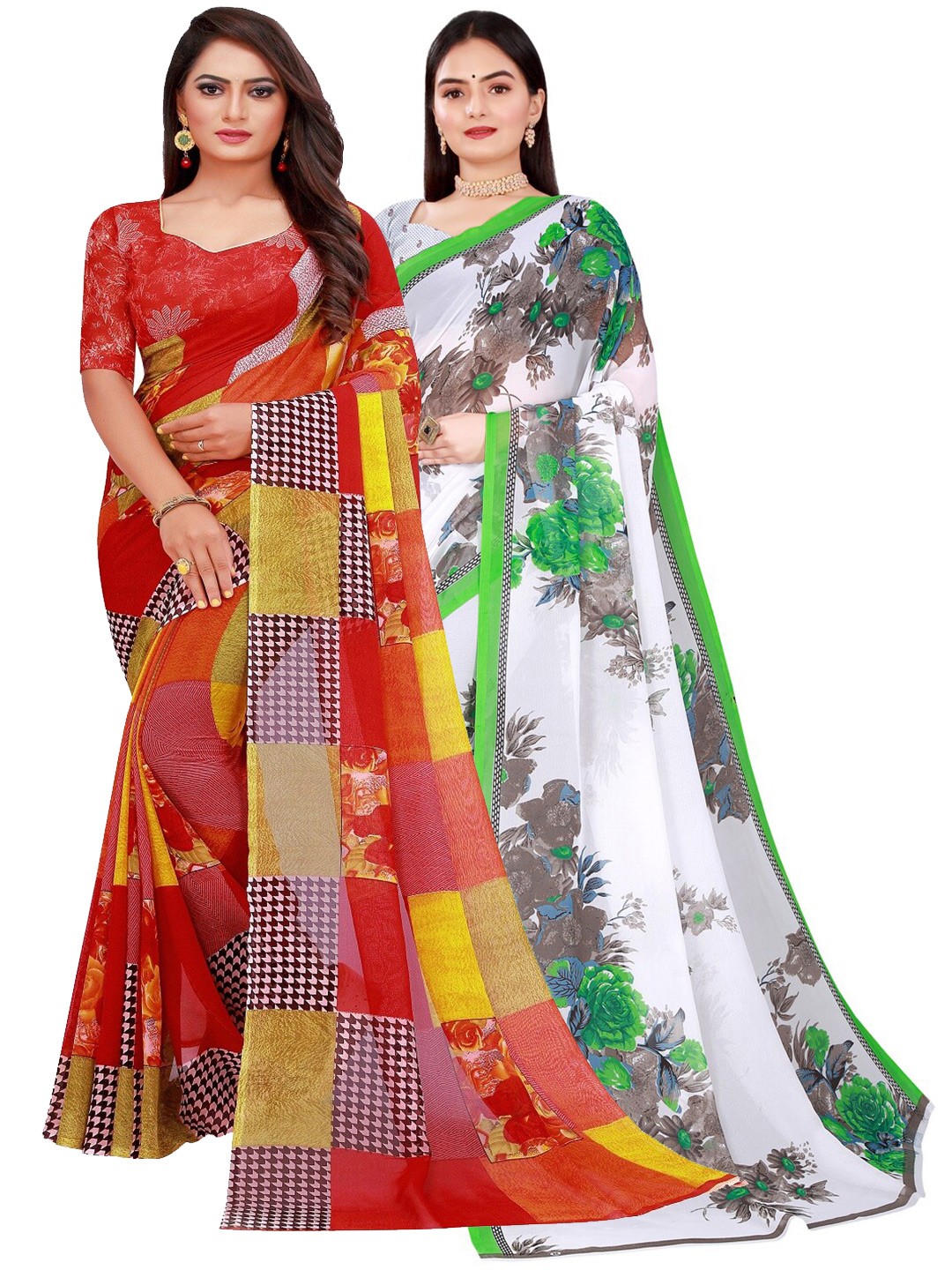 

Florence Red & White Set Of 2 Floral Printed Pure Georgette Saree