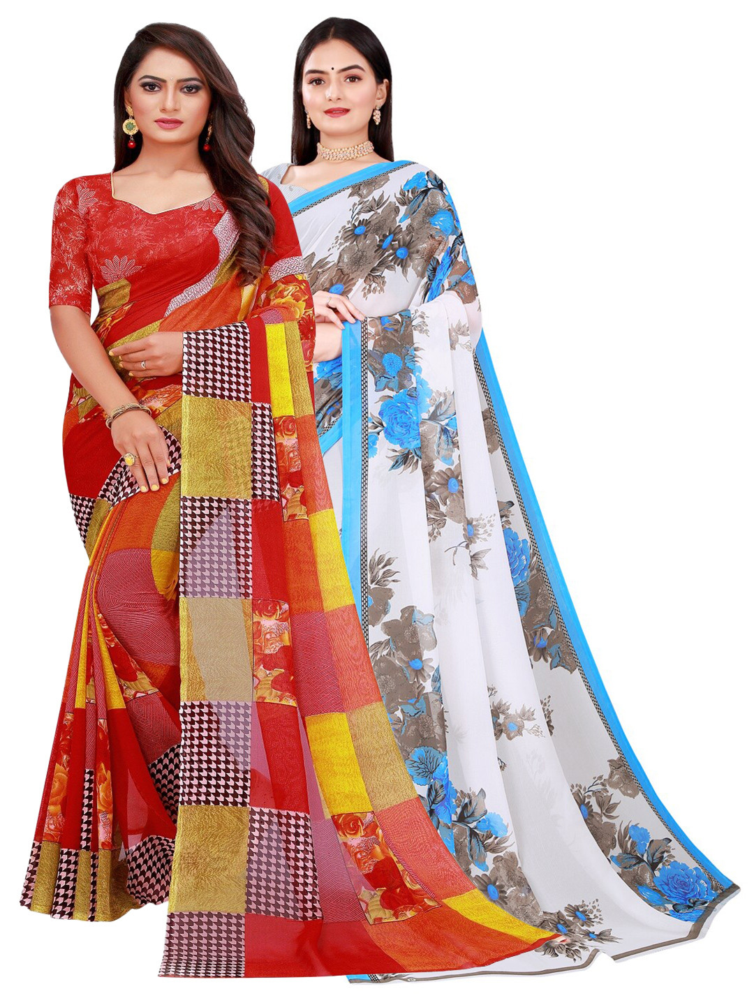 

Florence Red & White Set Of 2 Floral Pure Georgette Saree