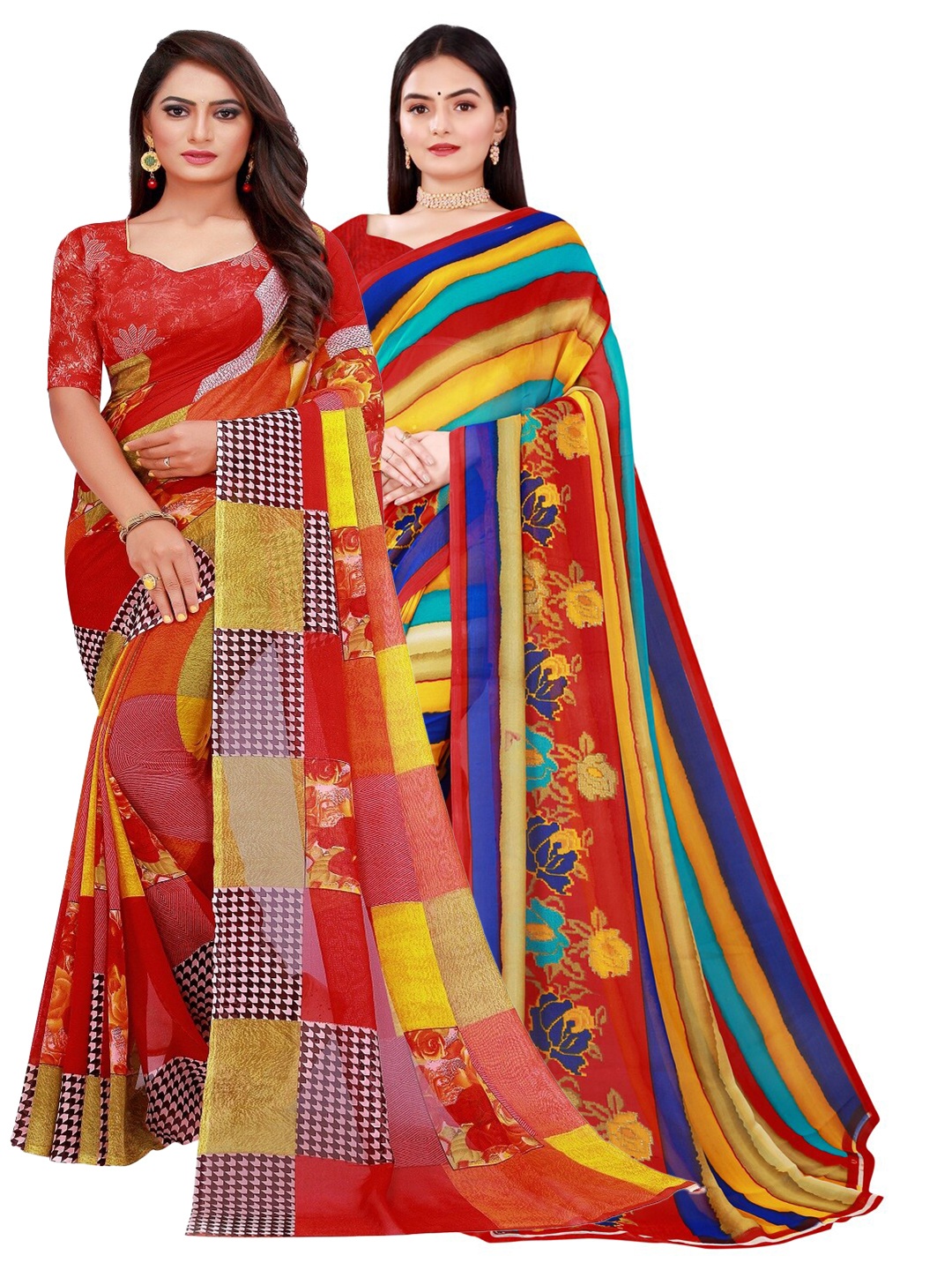

Florence Pack of 2 Red & Blue Floral Pure Georgette Sarees