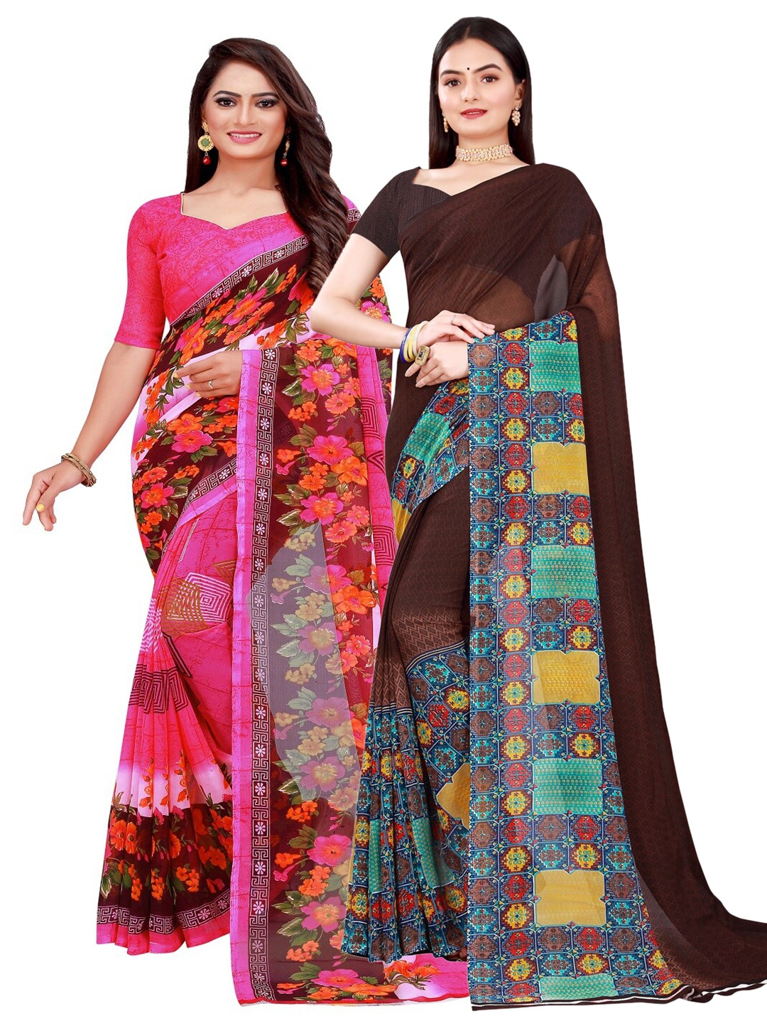 Florence Pink & Coffee Brown Set of 2 Floral Printed Georgette Saree