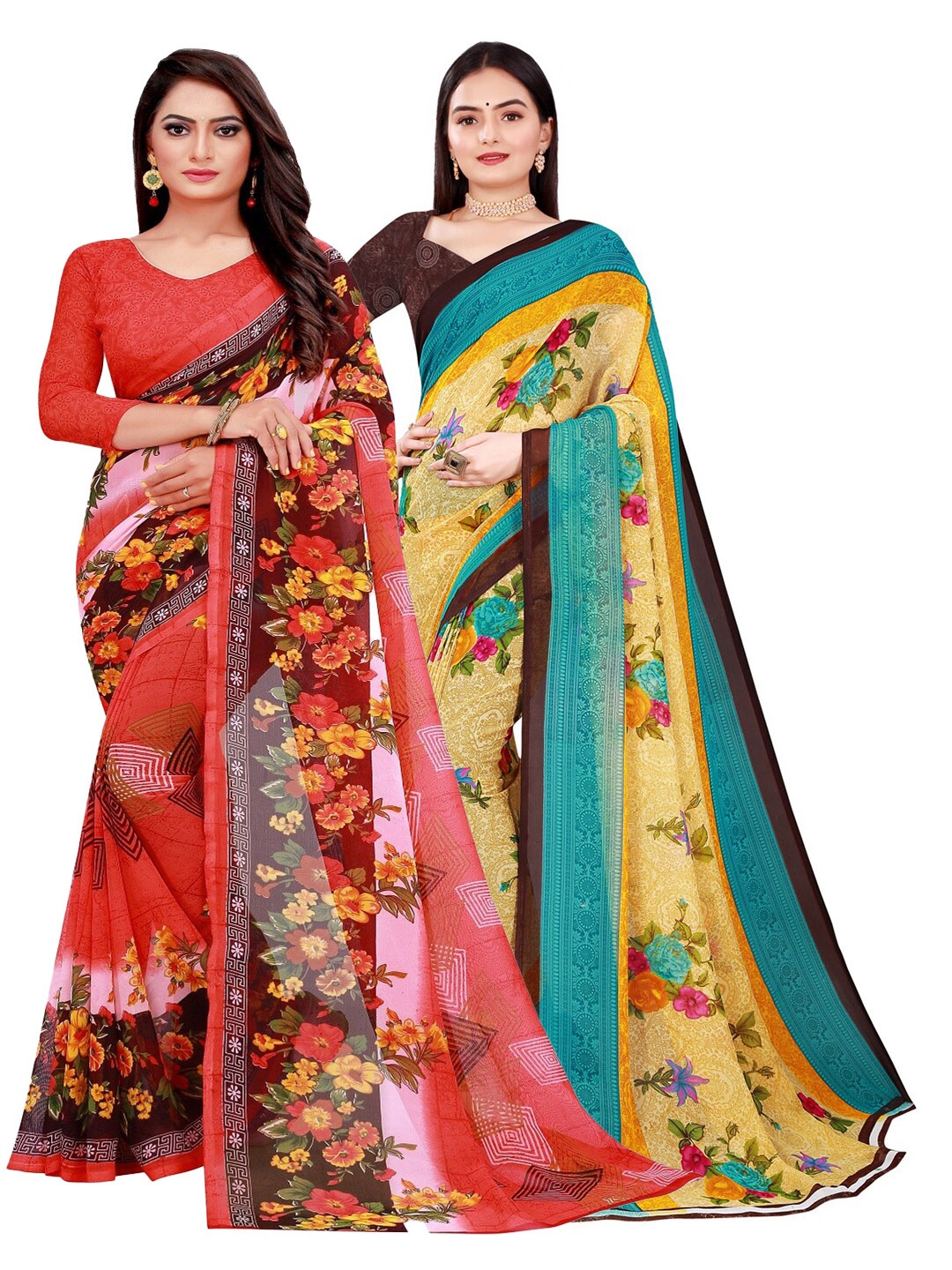 

Florence Peach-Coloured & Beige Printed Pure Georgette Saree