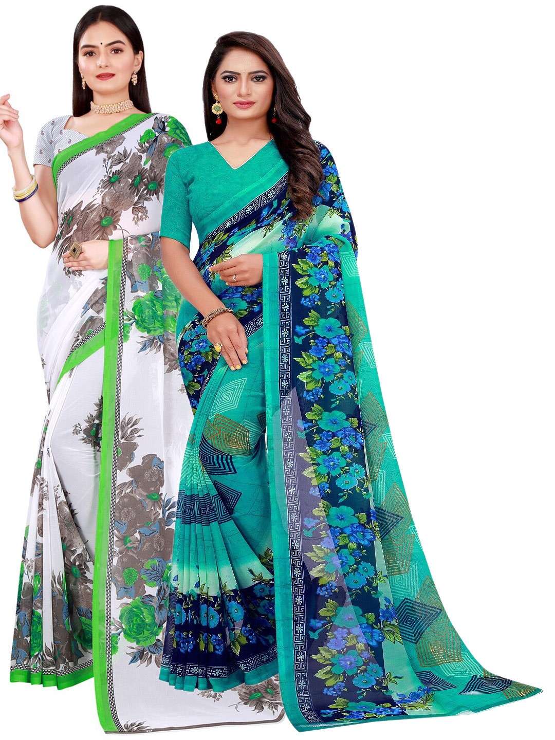 

Florence Pack Of 2 Green & White Floral Pure Georgette Saree