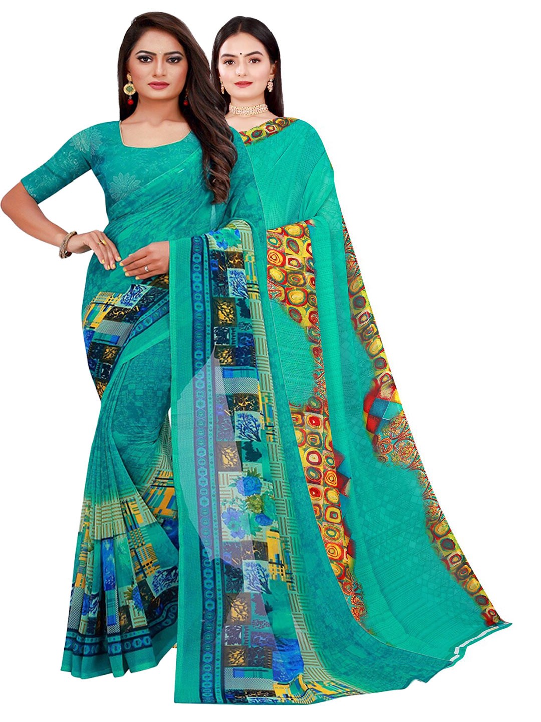 

Florence Pack Of 2 Green & Yellow Pure Georgette Saree