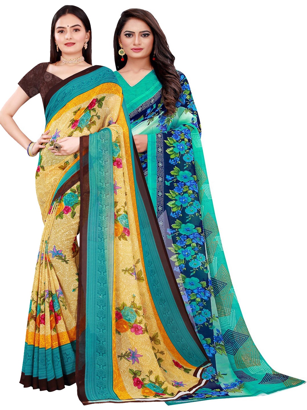 

Florence Set Of 2 Green & Yellow Floral Pure Georgette Saree