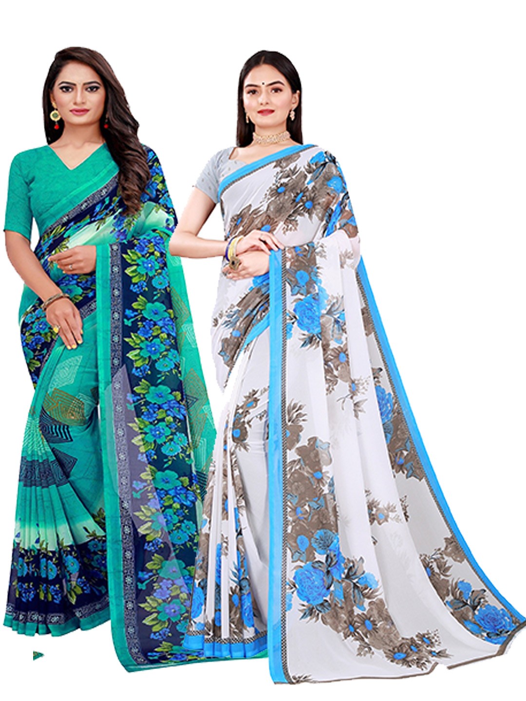 

Florence Green & White Set Of 2 Floral Pure Georgette Saree